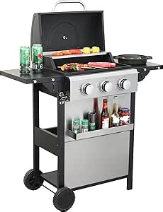 Gas Grill with 3 Burner Propane Stainless Steel BBQ Grill with Foldable Side Tables and Wire Enamel Cooking Grids Indoor Outdoor Barbecue Grill Built in Temperature 25650 BTU Output for Patio,Camping