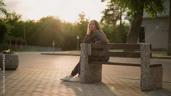 Lady seated on bench outdoors during golden hour, resting her face on hand, with contemplative expression as sunlight softly illuminates her, surroundings include paved path, greenery and building
