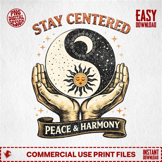 Stay Centered PNG, Yin Yang Design, Peace Harmony Image, Vintage Graphic, Spiritual Digital Download, Positive Vibes, Celestial Art - Etsy