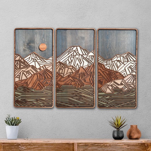Geometric Mountain Triptych, Three Panels, Rustic Style Wall Art, Mountain Range, Lodge Decor - Etsy