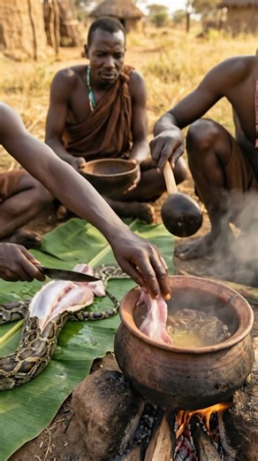 They Cooked a GIANT Python! | African Tribal Survival 😱! #tribalcooking