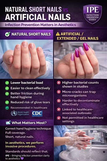 🔬 1️⃣ Artificial nails & nail varnish The World Health Organization (WHO) and Centers for Disease Control and Prevention (CDC) both advise that healthcare workers should not wear artificial nails or extenders when providing direct patient care. Why? Multiple studies have shown higher bacterial counts on artificial nails compared to natural nails — even after handwashing. Artificial surfaces can: • Trap moisture • Develop micro-cracks • Harbour Gram-negative organisms • Reduce the effectiveness 