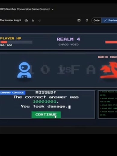 Number Knight #GeminiArenaLhevin #GeminiPLPasig #GeminaArena #GeminiSEA @Lhevinandal The Number Knight is a web-based RPG that gamifies learning computer number systems by turning binary, octal, and hexadecimal conversions into turn-based battles. By replacing dry textbook drills with an interactive