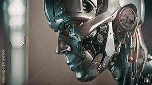 Artificial intelligence. A humanoid robot on a black background turns on and raises its head. The camera approaches the robot. On a grey background