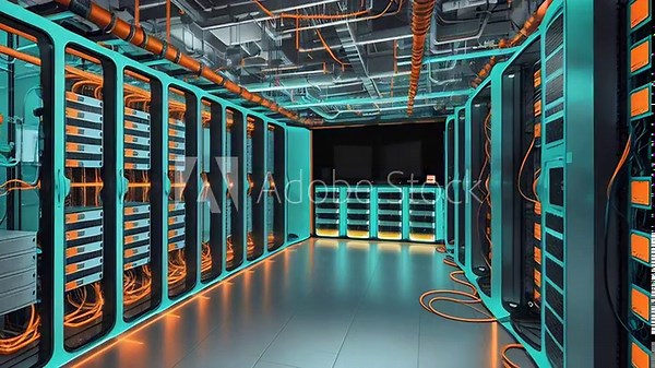 Symmetrical rows of servers in a data center building