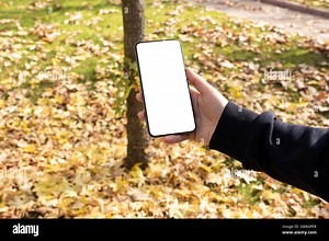 Over shoulder view of woman holding smartphone mock up. White blank screen for adding video call, browsing media, application design Stock Photo - Alamy