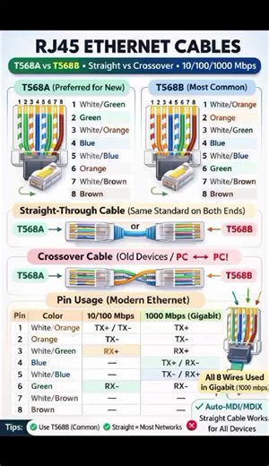 🔌 Before Crimping an Ethernet Cable If you work with networking, IT, or CCNA, you must know this 👇 📡 Two Wiring Standards 🔹 T568A 1️⃣ White/Green 2️⃣ Green 3️⃣ White/Orange 4️⃣ Blue 5️⃣ White/Blue 6️⃣ Orange 7️⃣ White/Brown 8️⃣ Brown 🔹 T568B (Most Common in the U.S.) 1️⃣ White/Orange 2️⃣ Orange 3️⃣ White/Green 4️⃣ Blue 5️⃣ White/Blue 6️⃣ Green 7️⃣ White/Brown 8️⃣ Brown ⚡ Cable Types ✔ Straight-Through Same standard on both ends Used for PC → Switch / Router ✔ Crossover Cable T568A on one en