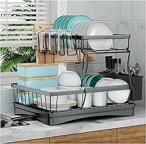 7 code Large Dish Drying Rack for Kitchen Counter, Detachable Large Capacity Dish Drainer Organizer, 2-Tier Dish Racks with Utensil Holder, Black