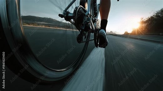 Low angle view of cyclists training ride showing intense speed and motion. dynamic cycling session with close up of bicycle wheel on an open road at sunset