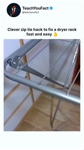 teachyoufact on Instagram: "The post features a 15-second video tutorial demonstrating a simple and cost-effective method to repair a broken clothes dryer wire rack using black zip ties. The process involves threading zip ties through damaged sections, looping them securely around the metal frame, and trimming the excess with pliers to restore stability. Shared in response to a request for underrated videos, the clip quickly gained 111,000 views, 447 likes, and 356 mostly Indonesian replies prai