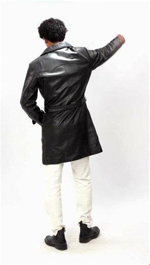Black Single-Breasted Leather Trench Coat For Men