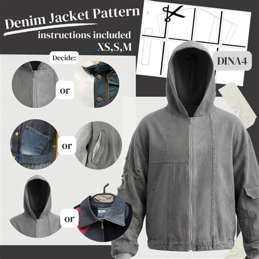 Denim Jacket Pattern PDF DINA4, PDF Sewing Instructions for Upcycling, Jacket Pattern With Pockets, Hood, Collar, Zipper and Bottons - Etsy UK