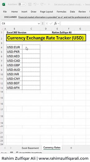 7.5K views · 33 reactions | Currency Exchange Rate Tracker (USD) in Microsoft #Excel 365 and Google Sheets Excel | =STOCKHISTORY(B4,TODAY()-1,TODAY(),0,0,1) Google Sheets | =GOOGLEFINANCE("USDEUR") OR =IFERROR(GOOGLEFINANCE(C3),"") | Excel Basement | Facebook