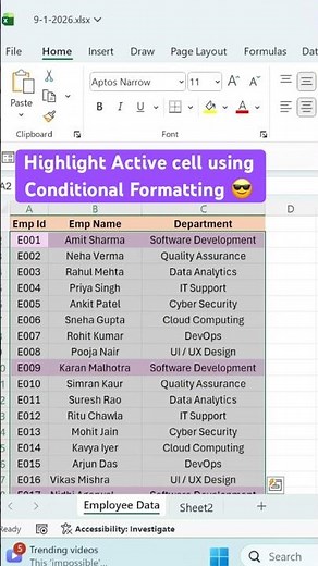 Highlight active cell using Conditional Formatting in Excel !!