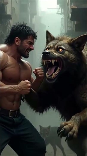 A dengerous wolf attack on the muscular human