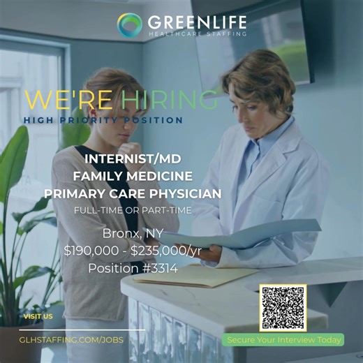 📍We're seeking an Internist / Family Medicine / Primary Care Physician (MD/DO) to join a thriving multi-specialty practice. Flexible schedule (FT/PT), competitive pay $190K–$235K, plus full benefits and career growth. ✨ Make an impact. Serve a diverse community. Grow your career. 📩 Apply Now: hr@glhstaffing.com | ☎️ (800) 608-4025 | https://glhstaffing.com/jobs/ 📲 Scan the QR code to apply instantly! Ready to get started? Click the link below to connect with an intake specialist. https://f.mt