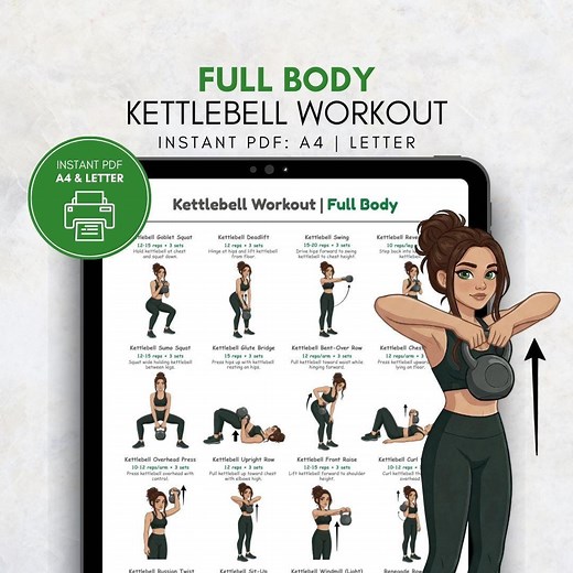 Kettlebell Full Body Exercises Poster | Beginner Kettlebell Workout Chart | Home Gym Printable Fitness Wall Art | Digital Download PDF - Etsy