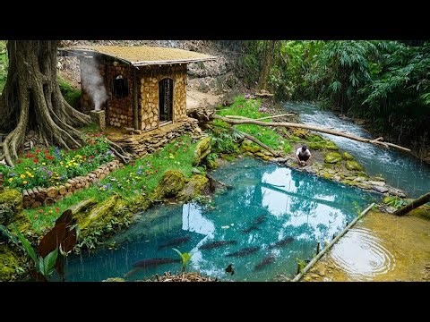 Full Video: Building a Bushcraft Farm by a Forest Stream | Mud & Wood House, Fish Pon