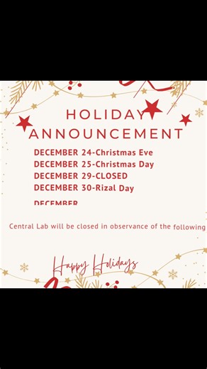 📣 Holiday Announcement Central Lab will be closed in observance of the holiday season. We will resume regular operations on January 02, 2026 (Friday). 🌟 Wishing you a joyful and relaxing holiday! Thank you for your continued trust and support. | Central Lab Ventures Inc.