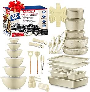 Bakken Master 38 Piece Granite Cookware and Bakeware Set – Nonstick Granite Coating, Pots and Pans with Detachable Handles and Tempered Glass Lids, 6-piece Bakeware set, 12-piece Mixing Bowls, White