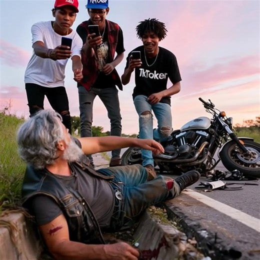 3 teenagers who hit old biker were busy filming him for social media instead of calling 911. They stood there laughing, actually laughing, as this 64-year-old grandfather tried to crawl toward his destroyed Harley, his left leg bent completely backwards, blood pooling beneath his helmet. "Look at the old man trying to save his bike!" one kid shouted, pointing his phone's camera at the dying man's struggle. "This is gonna go so viral!" That's when I recognized the biker's vest – the same patches,