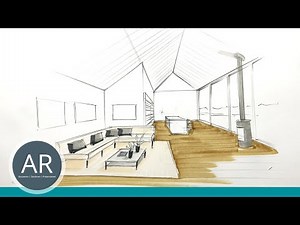 Raum mit Dachschräge in Ein-Punkt-Perspektive zeichnen. Innenarchitektur Bewerbungsmappe München