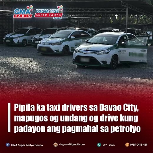 DAVAO CITY —Mapugos sa pag-undang sa pagpamasada ang pipila ka mga taxi drayber sa Davao City ugaling musutoy pa og saka ang presyo sa produktong petrolyo. Sa pakighinabi sa GMA Super Radyo Davao kang Ryan Mark Madhus, usa ka taxi drayber nga karon pa lang, ubay-ubay na sa iyahang mga kaubanang drayber ang mi-undang na sa pagpamasahero. Dugang pa niya nga usa sa nakalisod, tungod gawas sa taas nga presyo sa gasolina, walay pag-ubos sa renta ang ilahang mga operator. Nanghinaot sila karon sa goby