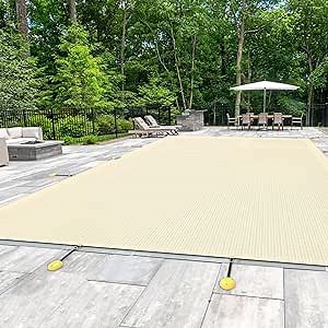 E&K 16'x24' Pool Cover for Inground Pools, Rectangle Winter Pool Cover for Backyard Yard Swimming Pool with Hardware Kit, Beige