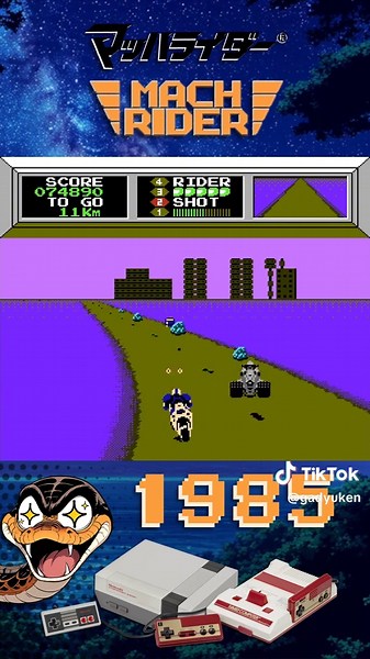 The 10th level! Mach Rider マッハライダー 🛵 is a racing video game developed by HAL Laboratory and published by Nintendo for the Famicom / NES in 1985. The Japanese Famicom release can use the Famicom Data Recorder to save custom tracks. The feature was missing from the American and European releases, but was retained in all versions of the Virtual Console release except for the 3DS version. #retrogaming #nes #nostalgia #nintendo #bike