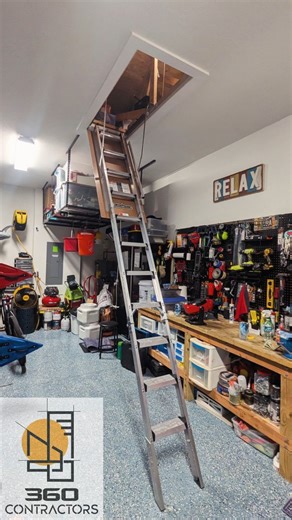 🪜 Upgrade Your Access: Say Goodbye to Clunky Ladders! ​Tired of lugging out a ladder just to access your attic? 😩 We just finished installing this sleek, space-saving attic ladder! Now, getting to that extra storage space is as easy as pulling a string. ​Check out the transformation in this garage! From a freestanding ladder setup to a perfectly integrated, easy-to-use attic ladder. ​✨ Key Benefits: ​Safety: Sturdier and more secure than a standard step ladder. ​Convenience: Easy, quick access