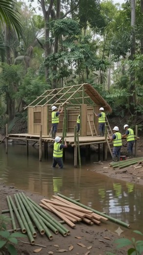 Ai edit free/🌲Building a relaxing house on a river in a magnificent forest....