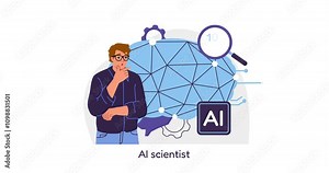 Man ai scientist. Moving banner with young guy with neural network. Artificial intelligence and machine learning. Futuristic technology and automation. Cartoon flat animated graphics