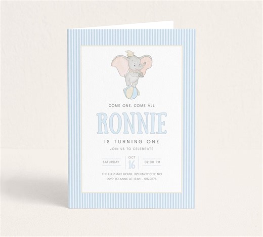 Dumbo Circus Birthday Invitation, Watercolor Elephant Invite, Retro Party Template (Digital Download)