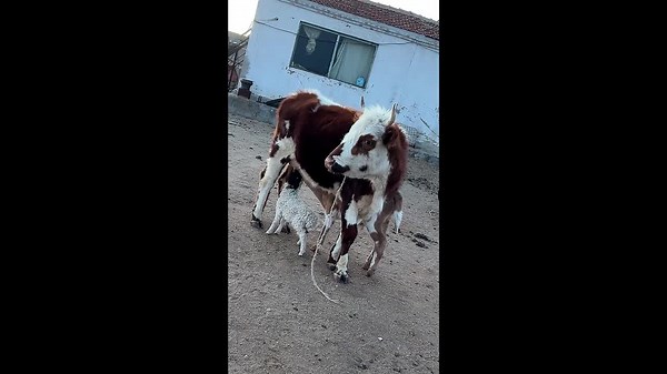 Mother cow steps in to care for lamb after elderly ewe is unable to nurse