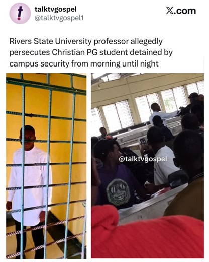 Talk Tv Gospel Entertainment on Instagram: "RIVERS STATE UNIVERSITY PROFESSOR ALLEGEDLY PERSECUTES CHRISTIAN PG STUDENT We received an SOS in our DM from a student from RSU. According to accounts provided by the student of Rivers State University, an incident allegedly occurred on campus yesterday involving a postgraduate student and a senior lecturer. He reports that a PG student, who is a former President of the Postgraduate Christian Fellowship, entered a Year 1 Computer Engineering class dur