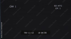 VHS overlay featuring analog artifacts, timecode display, and camera specifications text box on black background. Gritty retro texture for vintage video effects and nostalgic productions. Stock Video