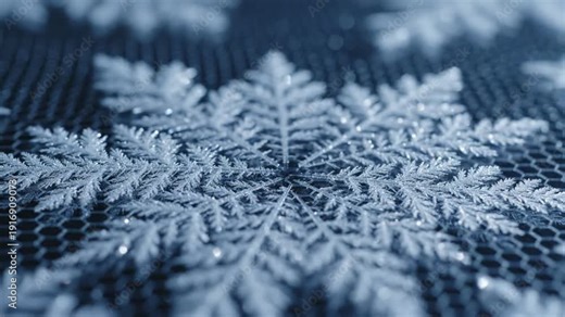 Close-up of intricate ice crystal snowflake with hexagonal pattern, winter macro photography