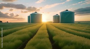 Eco-Friendly Fuel Storage: Green Biofuel Tanks in a Wheat Field. Concept Eco-Friendly Storage, Biofuel Tanks, Green Technology, Sustainable Energy, Agricultural Setting