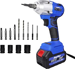 Cordless Wrench Impact Drill Driver Multi-purpose 2-IN-1 Power Tool with 6000mAh Li-ion Battery, Fast Charger, 4 Sockets and 12 Drill Bits, Variable Speed, LED Light, Easy to Operate (Blue)