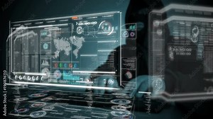 4K Hacker typing keyboard with HUD user interface code dark and grain processed