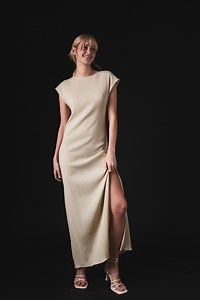 Crinkled Quality High Slit Maxi Dress Beige