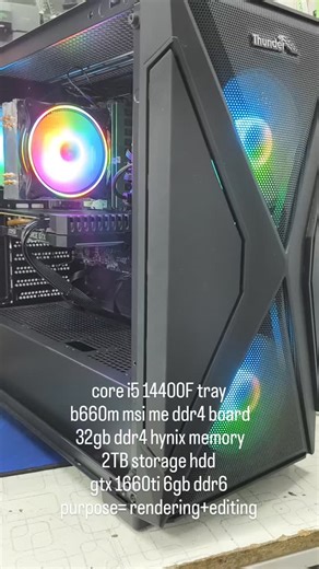 G-max computer store on Instagram: "SOLD A complete intel 14 gen i5 machine to my respected customer for rendering and editing purpose specs are as below core i5 14400F tray new B660m msi me ddr4 motherboars 4 copper pipe rgb cooler chillspike 32gb ddr4 hynix memory 2666mhz 256gb nvme samsung gen 4 nvme 2TB hdd seagate 100% health Gtx 1660ti msi ventus 6gb ddr6 600 watts edragon psu Thunder diesel casing 3 argb fans 24 inch led dell ips slim border dell branded keyboard mouse Total price= 230000