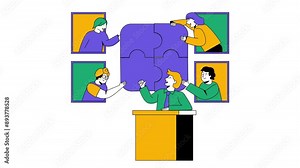 Animation of showcasing teamwork and collaboration concept with diverse characters connecting puzzle pieces together. Ideal for representing corporate team building, strategic planning