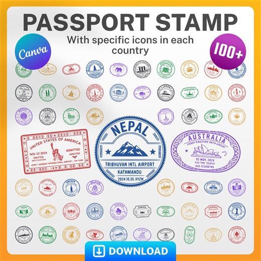 100  Passport Stamps Clipart, Travel Journal, Canva Element (PDF, SVG, EPS) - Etsy