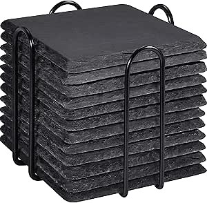 Slate Drink Coasters with Holder, 4 Inch 12 Pieces Square Rustic Coasters Black Stone Coaster Set with Anti-Scratch Backing for Laser Engraving, Home Decor, Kitchen, Protect Table, Gifts