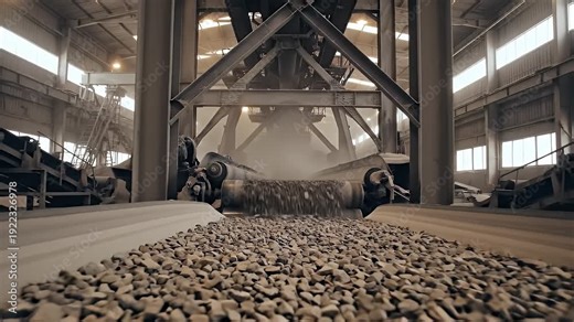 conveyor belt system transporting bulk gravel beneath steel framework structure in heavy duty industrial facility