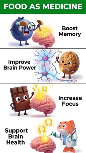 Food As Medicine 🧠✨ 4 Foods That Boost Your Brain Power!#BrainHealth#HealthyFoods#FoodAsMedicine#Mem