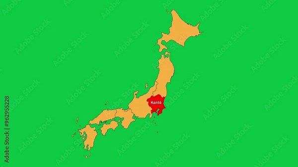 Kanto map animated video. Map Highlighted on the Japan map with animation and colour with Green screen background in video format.