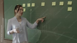 Female teacher explaining math to students in front of blackboard with chalk notes and math formulas. She tries her best to help her students succeed in their future lives.