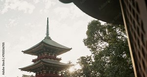Japanese temple, building and architecture, religion and traditional with Buddhism, sunshine or lens flare. Tradition, culture and landscape in Japan, place of worship with property or real estate